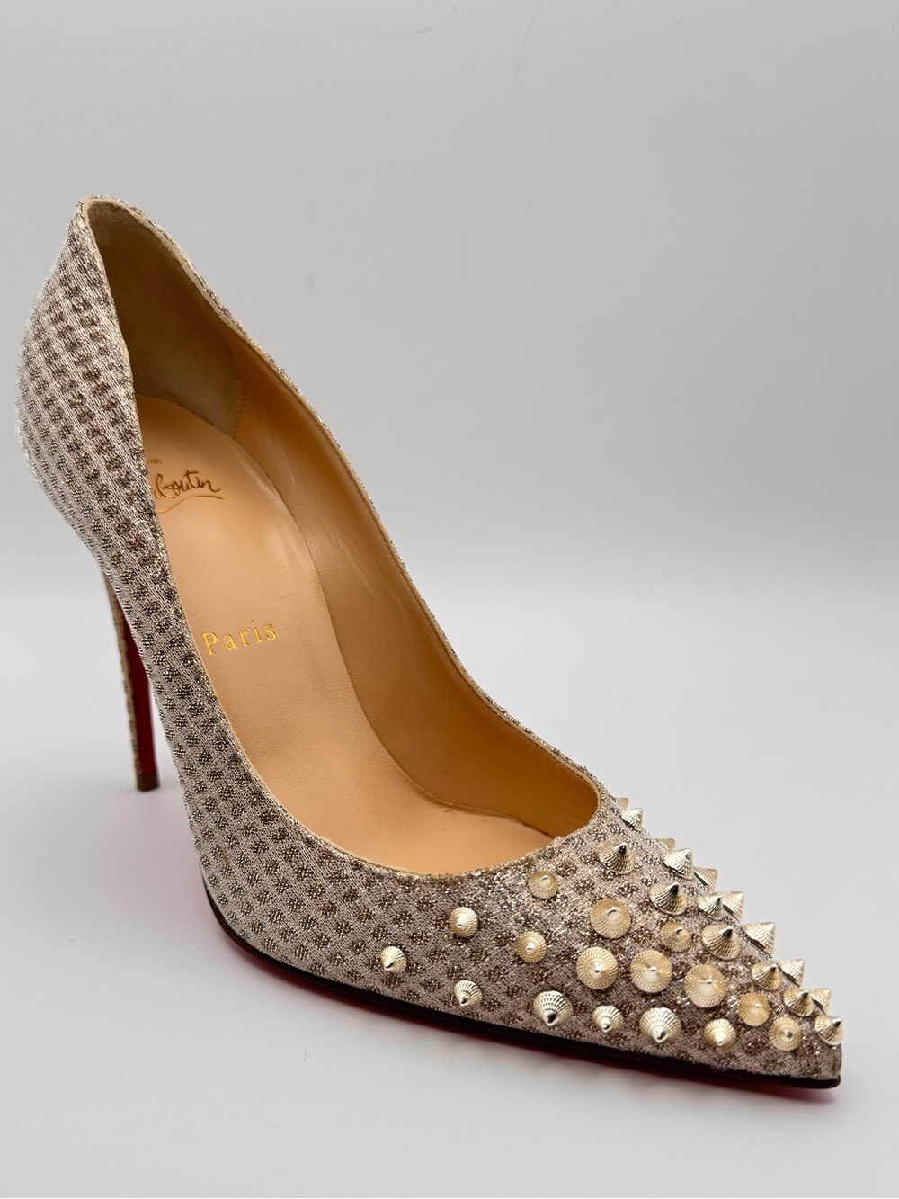 Christian Louboutin Spikyshell 100 Quadri Lurex Nude White Gold Studded Pumps 38